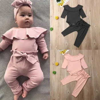 

2Pcs Toddler Kids Baby Girl Ruffle Bodysuit Romper Top Solid Bowknot Pants Trousers Autumn Cotton Long Sleeve Outfit Clothes Set