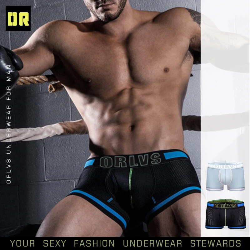ORLVS, брендовые сексуальные боксеры для мужчин, мужское нижнее белье, одноцветные шорты, быстросохнущие, Cueca, танга, сетчатые шорты, Ночное нижнее белье, дышащее