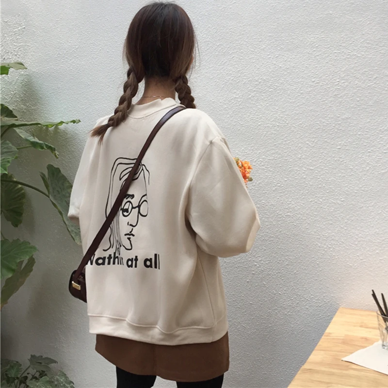 Толстовки с абстрактным буквенным принтом, женские толстовки с круглым вырезом на осень и зиму, Harajuku топы, Свободный пуловер большого размера, винтажный утепленный V648
