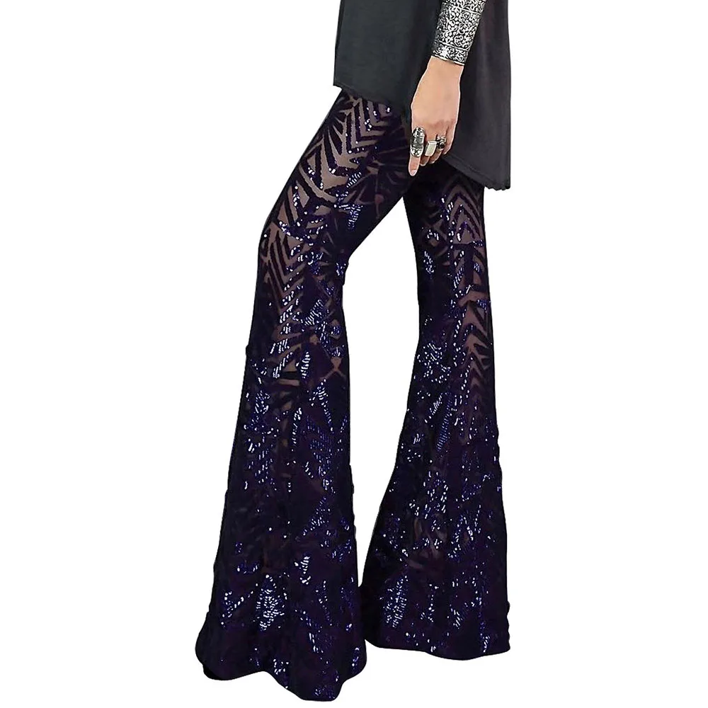 Blue Pants SEBOWEL женские блестящие прозрачные сетчатый колокол брюки без подкладки женские вечерние эластичные свободные блестящие расклешенные брюки черные/розовые S-XL - Цвет: Blue Pants