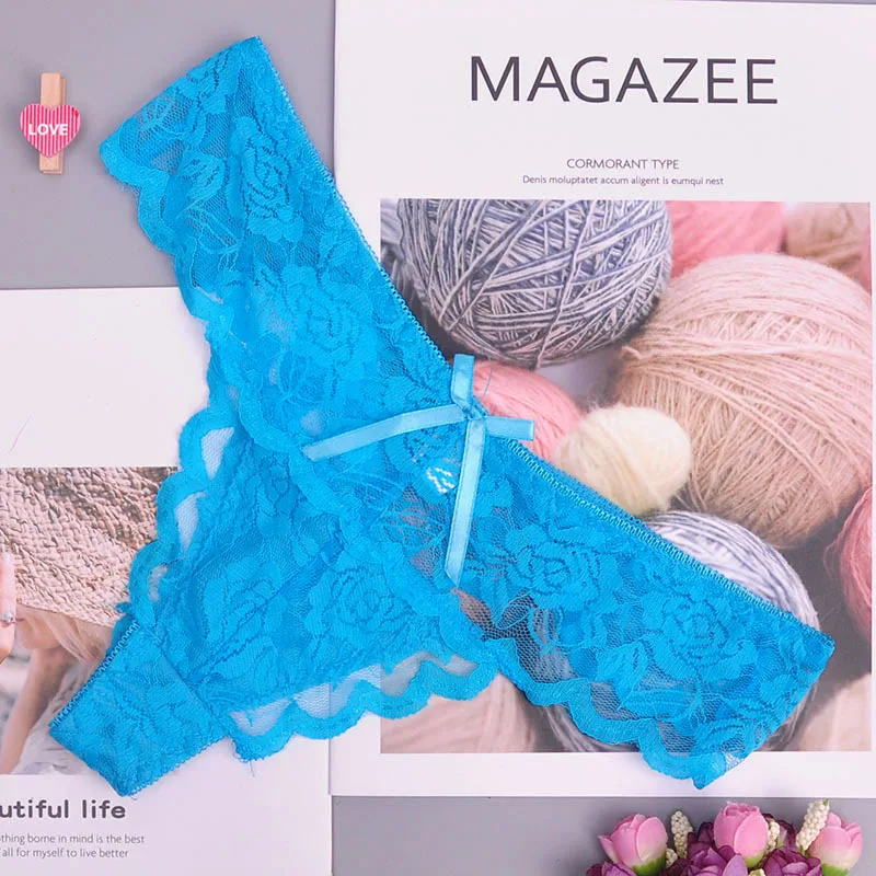 light blue Кружевные трусики-стринги, нижнее белье, сексуальные женские атласные эротические женские сексуальные трусики с низкой талией, прозрачные бикини-трусики - Цвет: light blue
