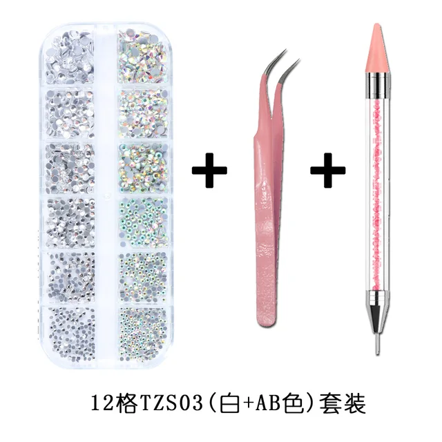 1Box Multi Size Glass Nail Rhinestones Mixed Colors Flat-back AB Crystal With tools 3D Charm Gems  Manicure Nail Art Decorations 018