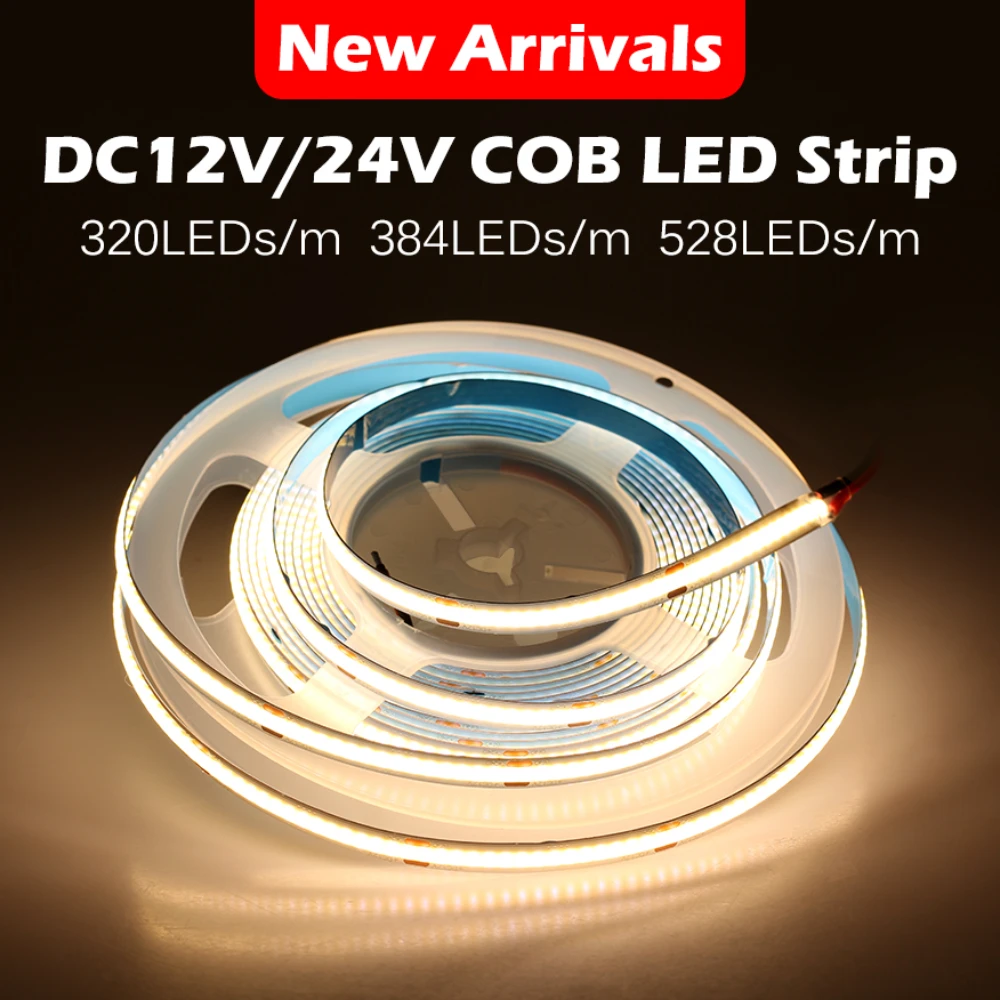 DC12V 24V COB LED Strip 384/528LEDs/M Tape Lights Cool White 6000K Cabinet Light DC12V 24V COB LED Strip 384/528LEDs/M Tape Lights Cool White 6000K Cabinet Light