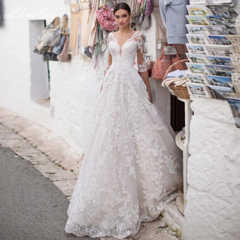 

Lhuilier Elegant A-line V-neck Half Sleeves Wedding Dresses 2021 Floor Length Lace Appliques Court Train Lace Up Bridal Dress