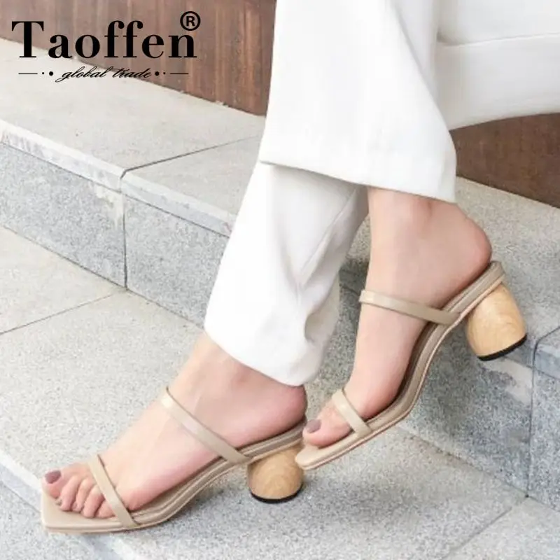 

Taoffen Real Leather Sandals Wood Thick Heel Summer Women Shoes Casual Mid Heel Shoes New Arrivals Slip On Slippers Size 34-39