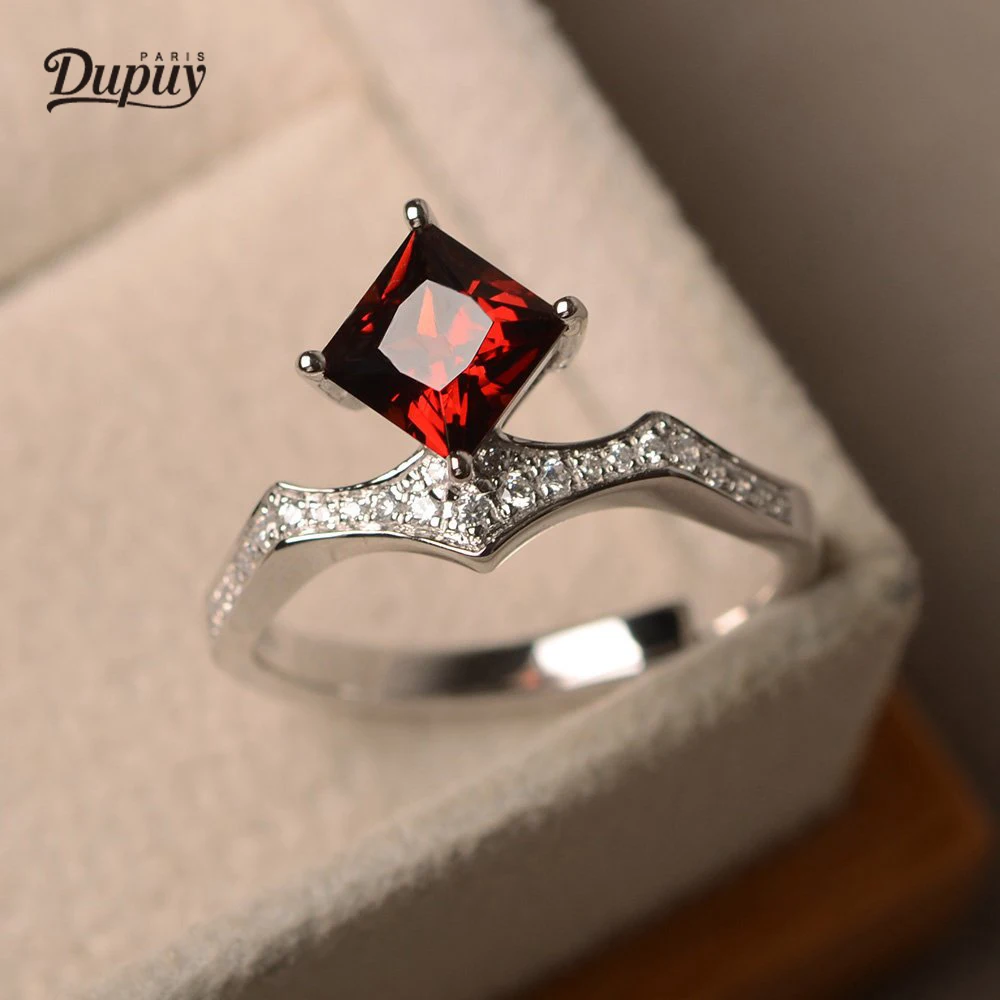 

Garnet Ring January Birthstone Princess Cut Gemstone Sterling Silver Red Gemstone Ring Engagement Ring