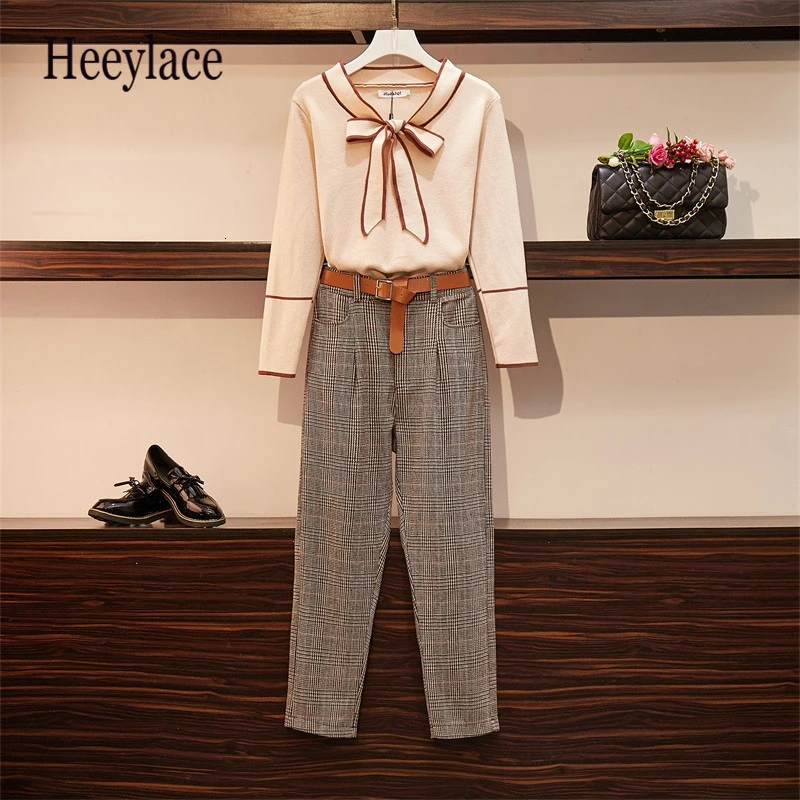 Большой женский осенне-зимний комплект одежды полосатый свитер с длинными