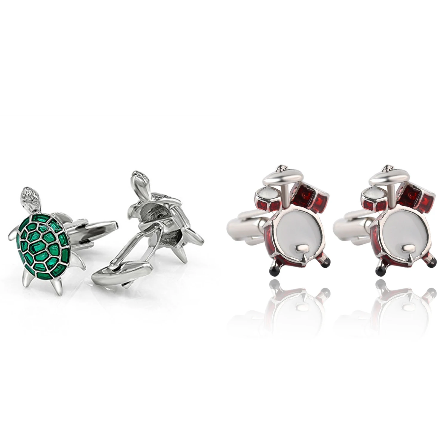 2 Pair Cufflinks: 1 Pair Fashion Band Drums Shirt Cufflinks(Red+ Silver)& 1 Pair Creative Green Turtle Modelling Cufflinks M