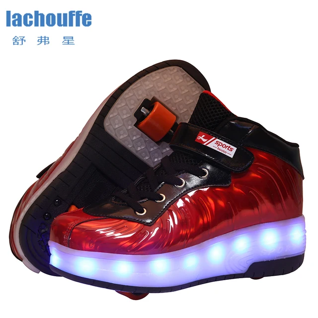 US $28.35 Kids LED Lgiht Sneakers with Singledouble Wheels Girl Boy Roller Skate Shoes Adults Luminous USB C