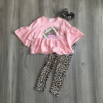 

girlymax football outfit girls fall winter outfit girls bell sleeve pink raglan leopard legging girls winter set with bow