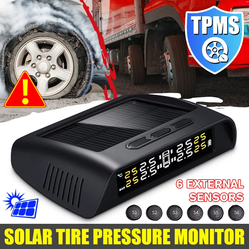 1 комплект беспроводной Солнечный TPMS система контроля давления в шинах ЖК-монитор сигнализация с 6 внешними датчиками автомобильные аксессуары Автомобильная безопасность