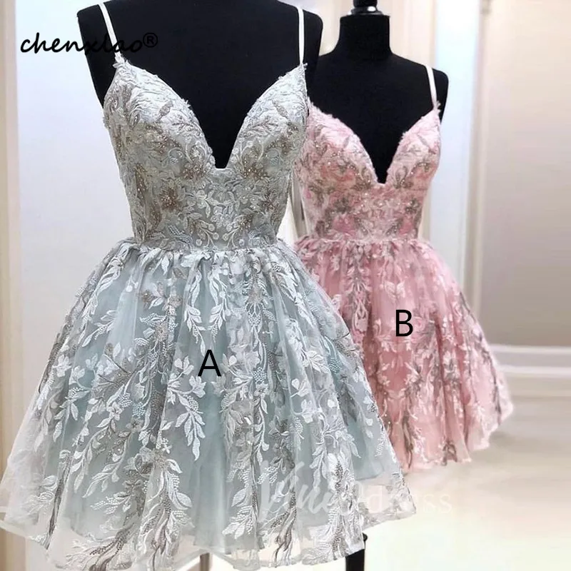 As image B Vestidos розовое короткое платье на выпускной A Line Спагетти ремни светло-голубые платья для выпускного вечера платья - Цвет: As image B