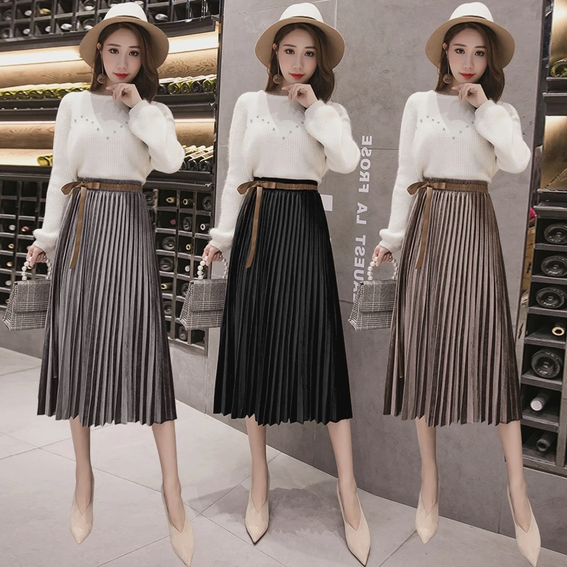 Плиссированные юбки с бантом; бархатная юбка; большие Джокер; длинные юбки; юбка
