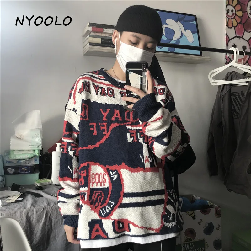 NYOOLO Harajuku, винтажные уличные рождественские вязаные свитера в стиле пэчворк, Осень-зима, пуловер с длинным рукавом и круглым вырезом, свитер для женщин и мужчин