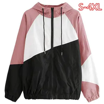 

Women Coats & Jackets Spring New Three Color Splicing Coat Solid Color Hooded Long Sleeve Sun Proof Coat Plus Size Tops 2020