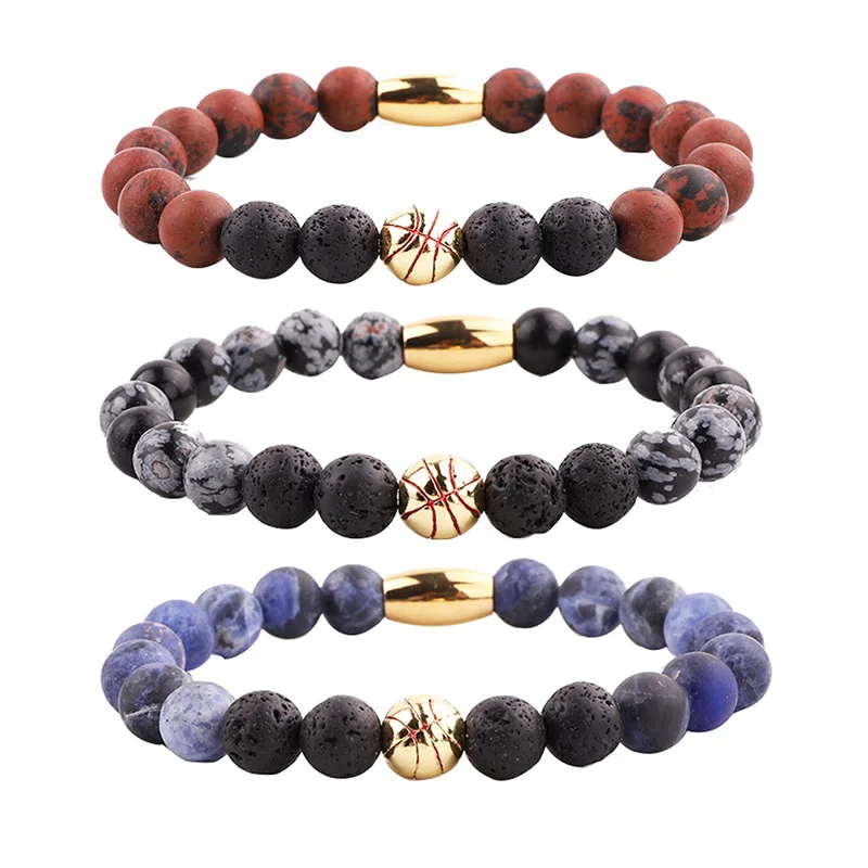 High Quality Natural Stone Baseball Bracelet Soccer Ball Charm Beaded Elastic Bracelet Jewelry Men