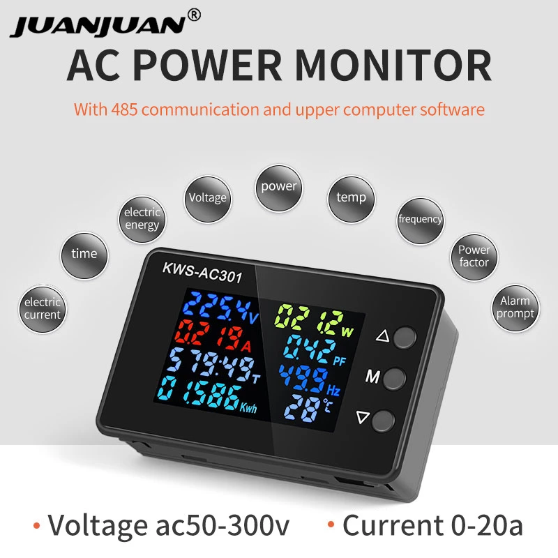fuel flow meter KWS-AC301Voltage Voltmeter 8 in 1 AC Wattmeter 50-300V 0-100A Digital Ampermeter Electric Meter dedicated chip Power Detector digital ph meter