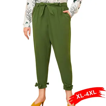 

Plus Size Elegant Women Bow Tie Pockets Army Green Harem Pants 3XL 4XL Streetwear Lace Up Solid Pencil Pant Female Trousers