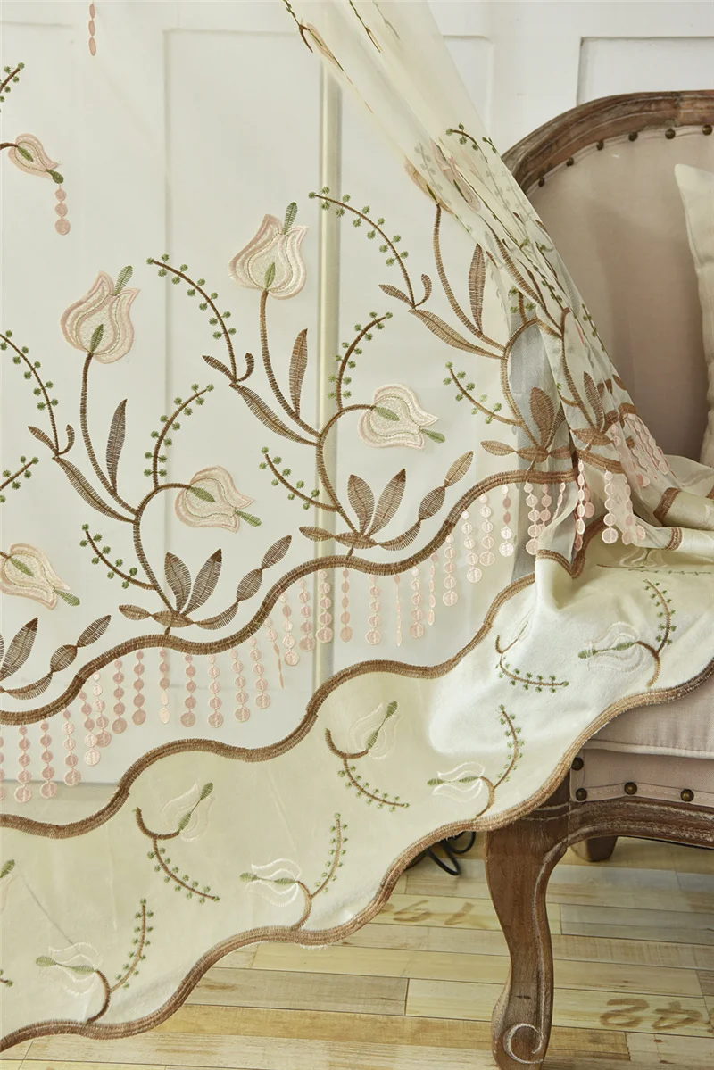 Flower Embroidery Sheer Tulle for Living Room Beaded Pattern Window Drapes for Balcony Plant Glass Yarn for Bedroom X-WP437#2