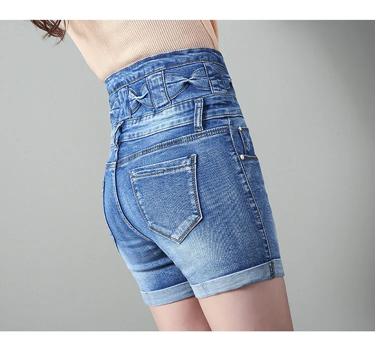 0613 Лето повседневное джинсовые шорты с высокой талией для женщин Slim Fit Тонкий стрейч черный/синий однобортный джинсы