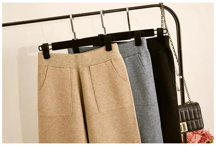 Женские вязаные широкие брюки осень-зима, плотные теплые прямые брюки с эластичной резинкой на талии, Женские повседневные свободные брюки V12