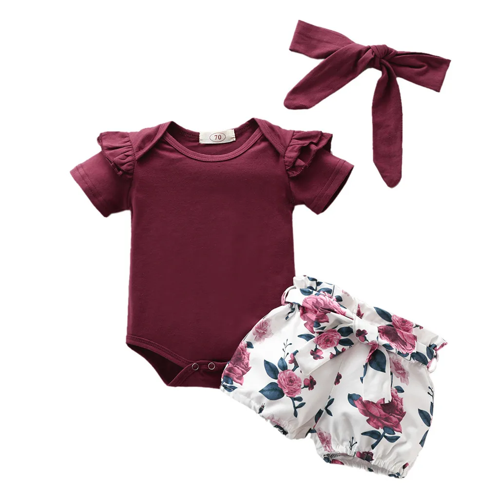 

Summer Newborn Baby Girl Clothes Set Solid Color Short Sleeve Ruffle Romper Tops Flower Short Pants Headband 3Pcs Infant Outfits