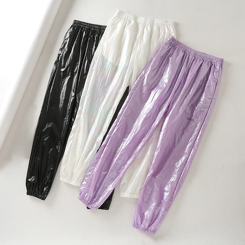 

Loose Summer Thin Streetwear Glossy Shiny Pants Women Casual Neon Pants Hip Hop Jogger Women High Waist Plus Size Pants