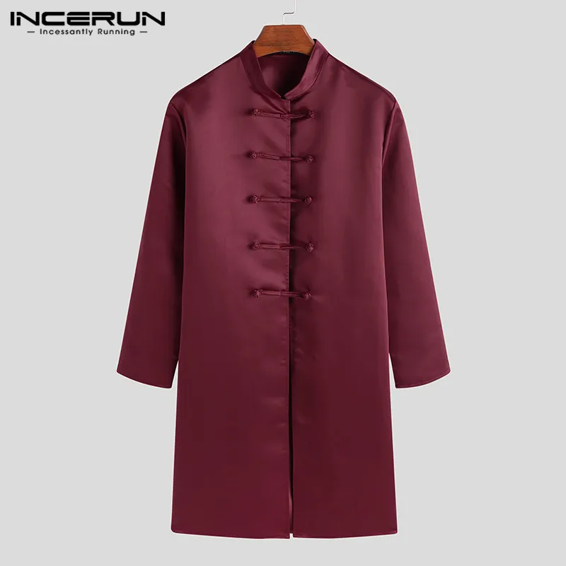 Red Shirt INCERUN, винтажные мужские рубашки с длинным рукавом, одноцветные, на пуговицах,, для фитнеса, со стоячим воротником, топы, Ретро стиль, элегантные мужские длинные стильные рубашки - Цвет: Red Shirt