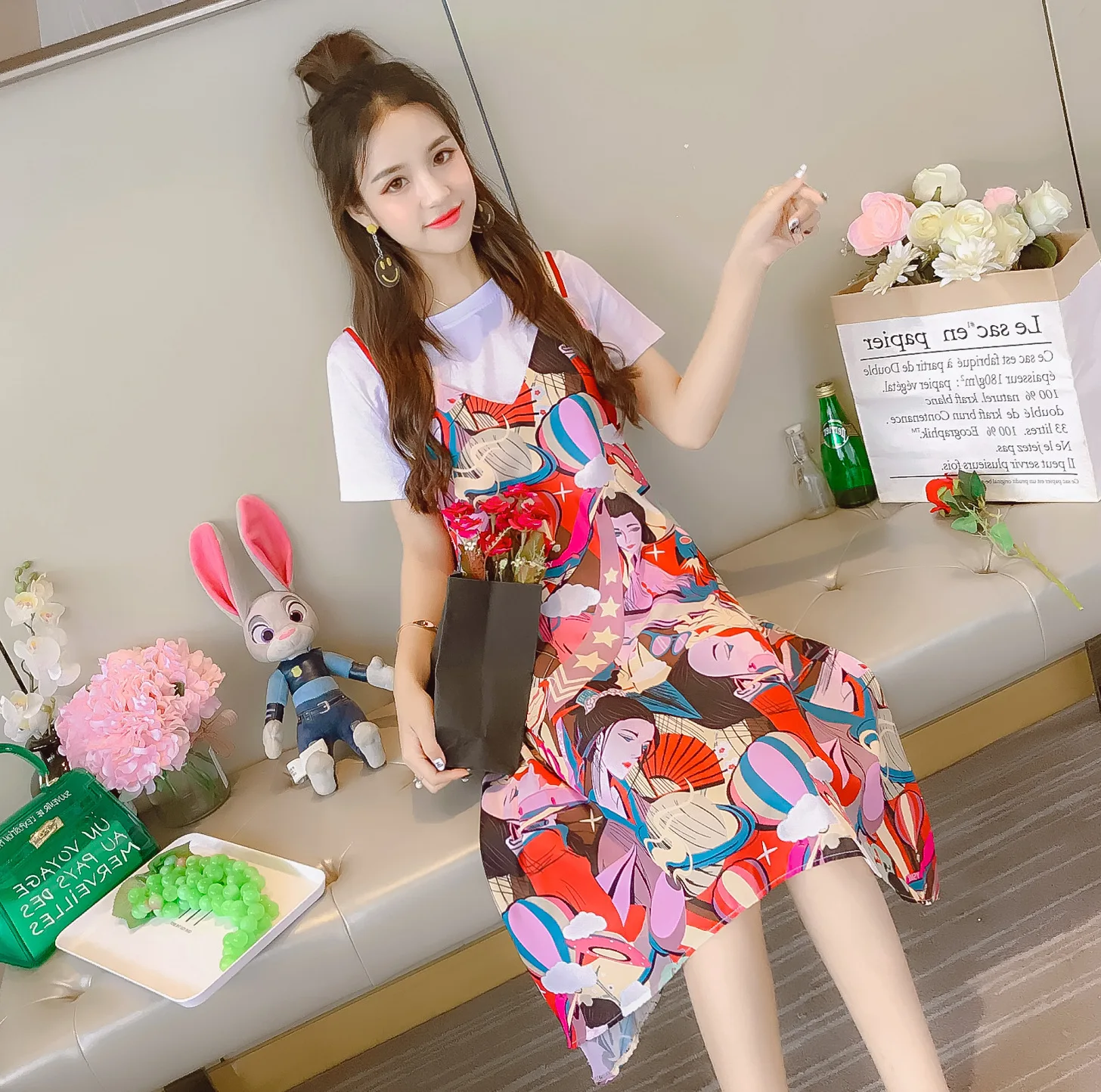 

One-Piece Dress Women's Summer 2020 New Style Korean-style Irregular Printed Waist Hugging Qmilch