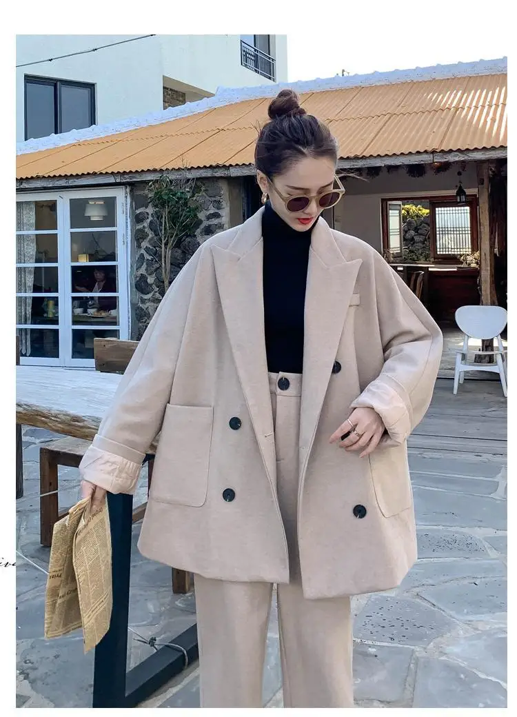 Photo Shoot Woolen Suit WOMEN'S Suit Autumn And Winter New Style Korean-style Loose And Plus-sized Woolen Overcoat Suit Two