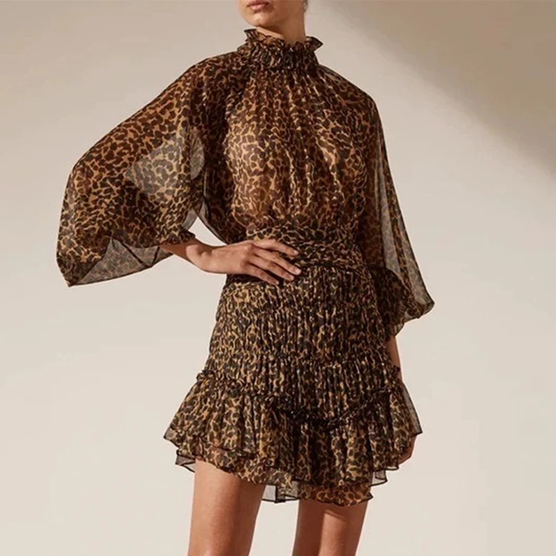 

Women Leopard Ruffles Dress Summer Stand Collar Lantern Sleeve High Waist Chiffon Dress
