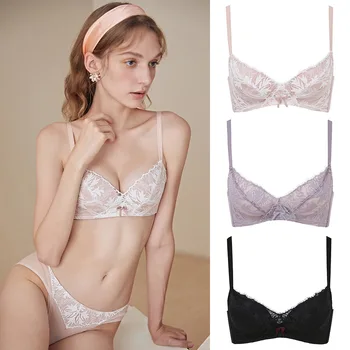 

Fashion Super Push Up Gathered Support Underwear Lace Leaf Pattern Embroidery No Steel Ring Bra For Small Chest Women Lingerie