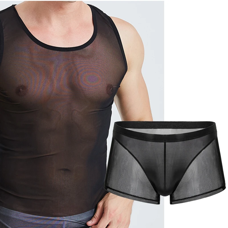 Men Vest Man Slim Sleeveless Undershirt Sexy Top Tanks Boxer Transparent Underwear Set Breathable Lingerie Singlet Elastic - Цвет: black tank bottoms