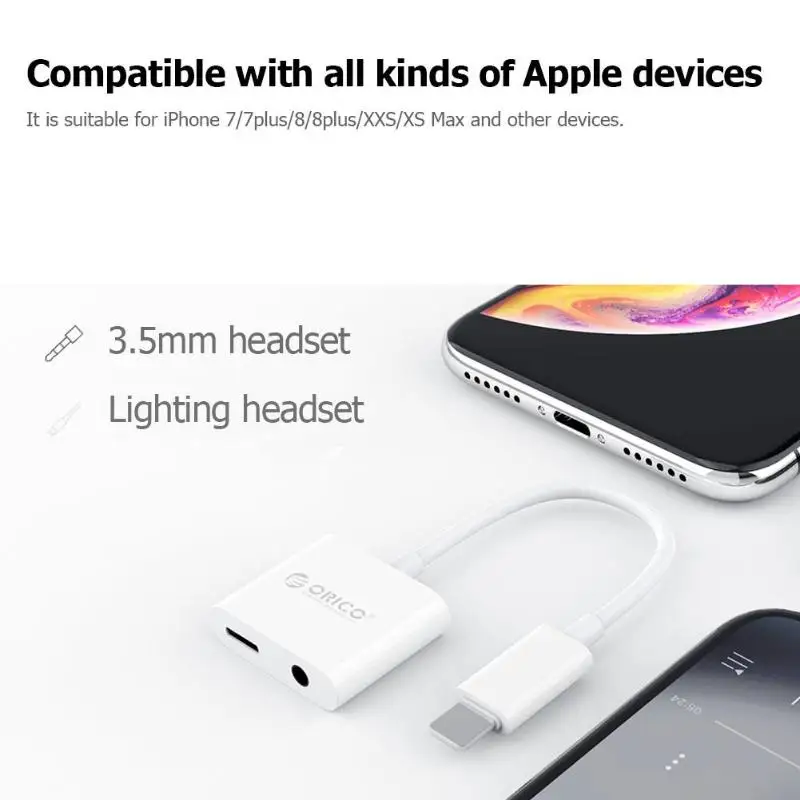 ORICO 2LT-WH-BP 2 в 1 8 Pin до 8 Pin 3,5 мм AUX Кабель-адаптер для iPhone 7/8/7 plus/8 plus/X/XS/XSMax