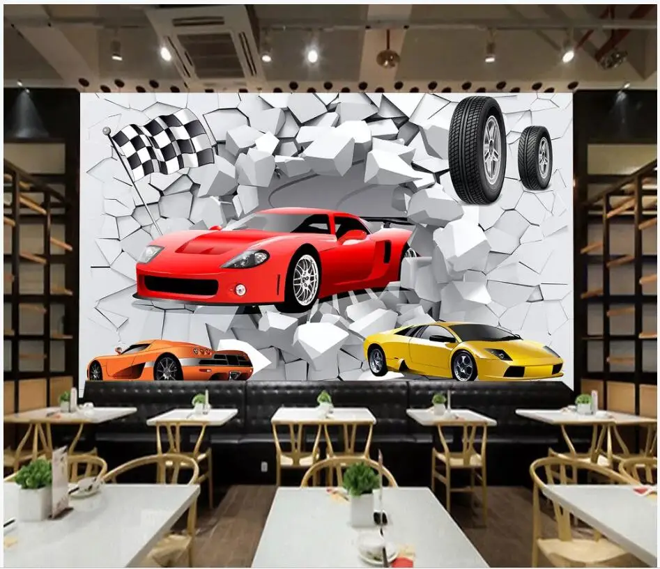 

WDBH Custom photo 3d wallpaper Broken wall racing sports car auto tooling decor room 3d wall murals wallpaper for walls 3 d