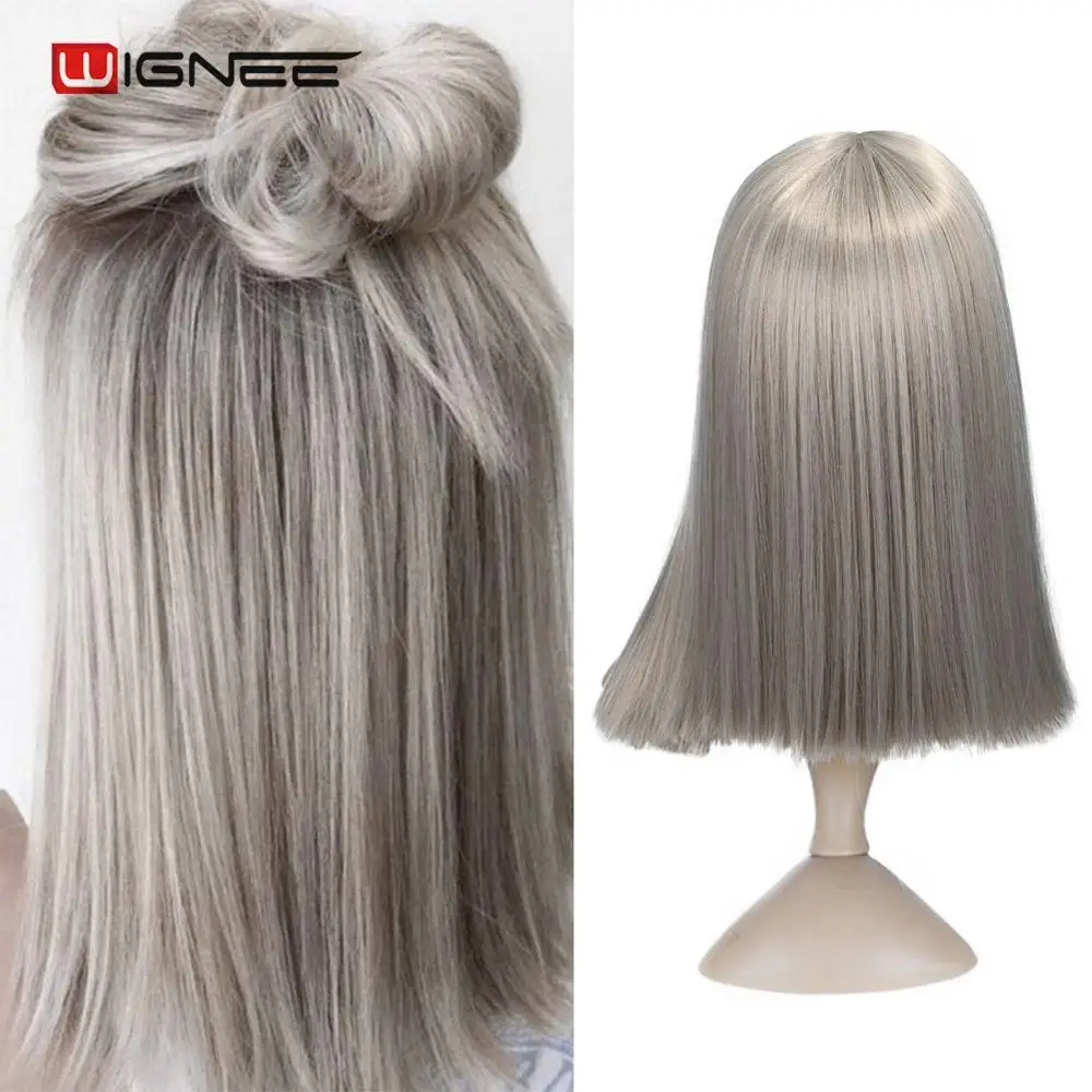 

Wignee 2 Tone Ombre Brown Ash Blonde Synthetic Wig for Women Middle Part Short Straight Hair High Temperature Cosplay Hair Wigs