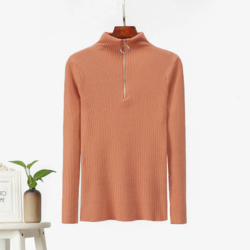 Cysincos Autumn Winter Sweaters Women Sexy Slim Solid Color Korean Zipper Sweater Knit Pullovers Bottom Ladies Pullover | Женская одежда