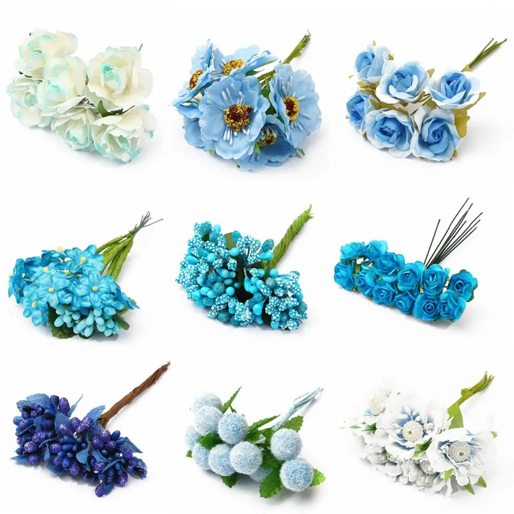 6/10/12/50/60/70/90/144Pcs Mix Blau Blume Kirsche staubblatt Beeren Bündel DIY Weihnachten Hochzeit Kuchen Geschenk Box Kränze Dekoration