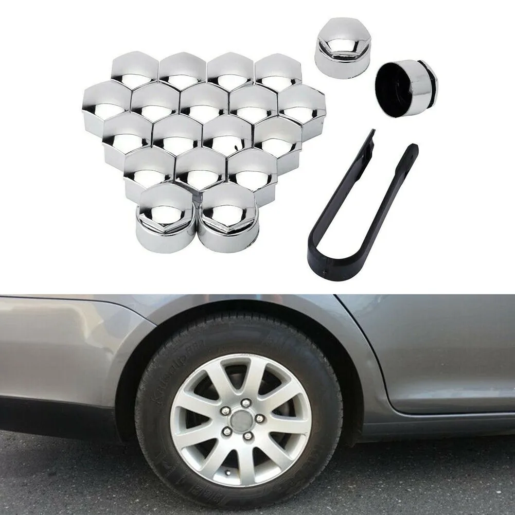 20Pcs Wheel Looking Nut Bolt Cap Cover 17mm Chrome Bolt Cover Wheel Nut Cap with Removal Tool Dismantle 