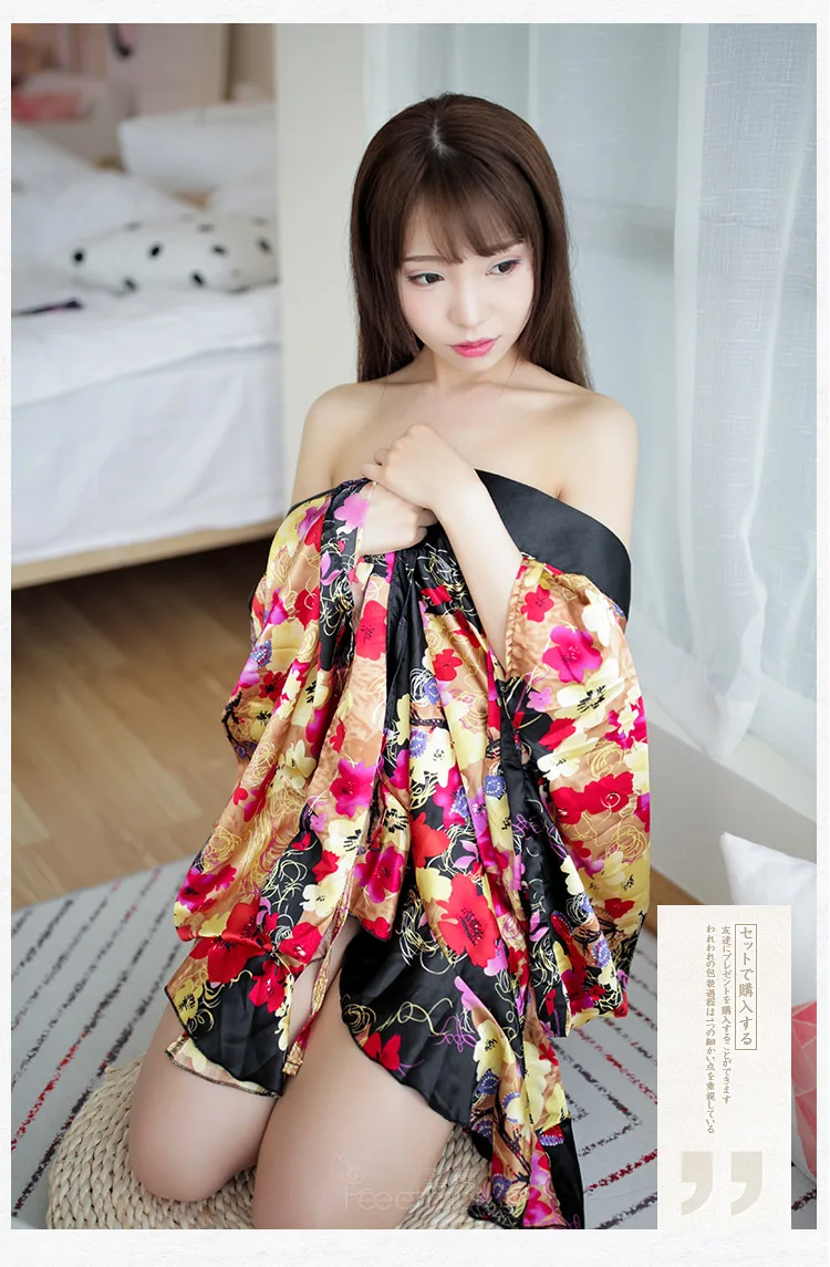 Короткое Стильное женское японское кимоно платье традиционное цветочное пикантное Белье для сна, пижама с v-образным вырезом атласный