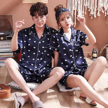 

Lovers Pajamas Couples Unisex Silk Sleepwear Soft Pyjama Sets Nightgown Pajama Sets Short Sleeve Shorts Men Lounge Pijamas sets