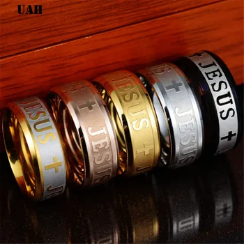 

UAH Europe Classic Jewelry Stainless Steel Letter Bible Rings Black Silver Rose Gold Band Jesus Cross Ring for Men Women Prayer