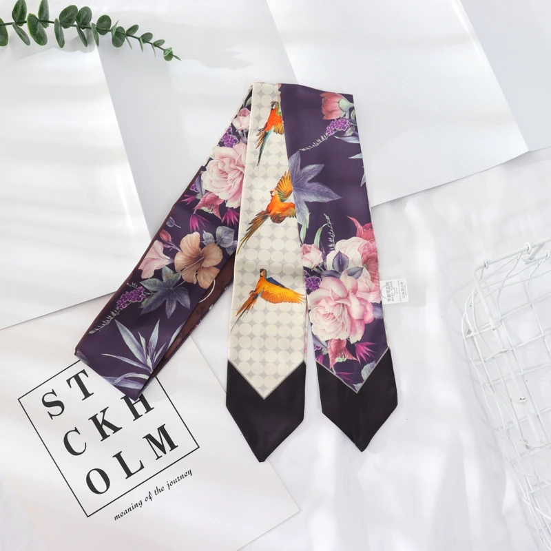 2021 New Summer 130*7 Ins Small Hairband Lovely Print Long Silk Scarf Wrist Ribbon Skinny Scarf For Women 4