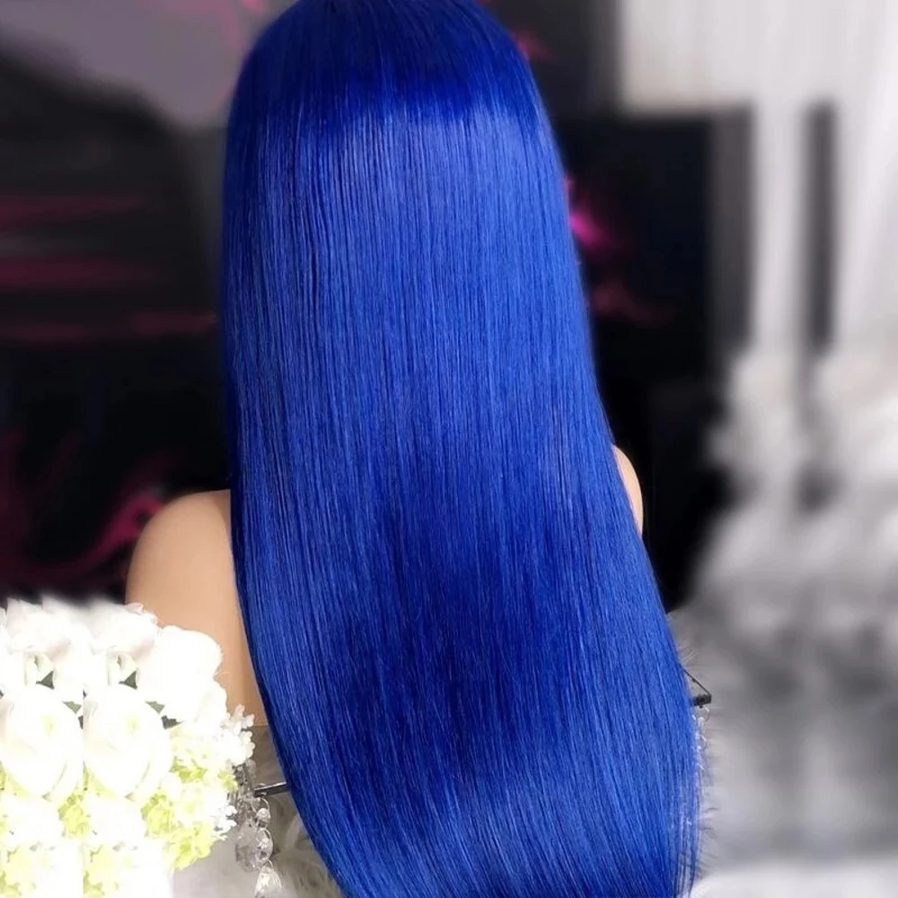 Lace Front Wig Synthetic Long Straight Blue Middle Part Pre Plucked For Black Women