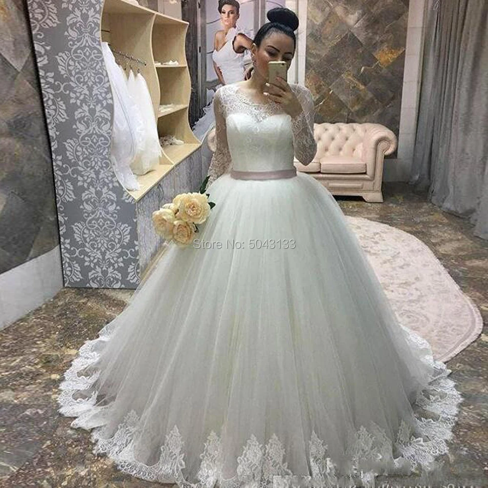 Elegant Ball Gown Lace Long Sleeve Princess Wedding Dresses 2020 White