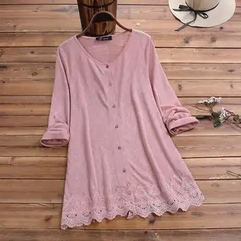 

L 5XL Spring Lace Crochet Blouse ZANZEA 2020 Women Solid Shirt Casual Long Sleeve Work OL Buttons Blusas Tops Chemise Femme Robe