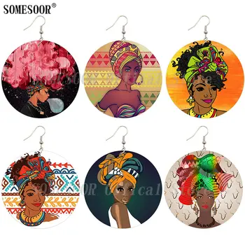 

SOMESOOR Afrocentric Ethnic Fabric Wooden Drop Earrings African Headwrap Woman Bubble Girl Black Art Printed For Women Gifts
