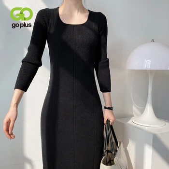 GOPLUS-vestido de Invierno Vintage con cuello redondo, negro, negro, Jersey, 2021 C10845