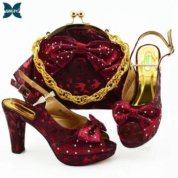 

African Wedding Italian design Shoe and Bag Sets 2020 Ladies Shoes with Matching Bags Set Wine Color Party Shoes and Bag Set