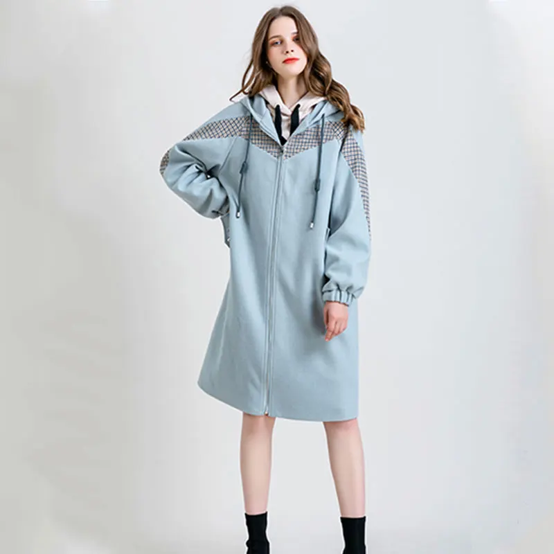 Aka Woman Winter Wool Coats New Korean Medium Long Hepburn Elegant Jacket Fashion Cloak Type Hooded Overcoat Female SS704